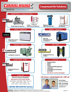 Cummins-Wagner PA Pennsylvania compressed air line card, Gardner Denver, Kobelco, Zeks, Ingersoll Rand