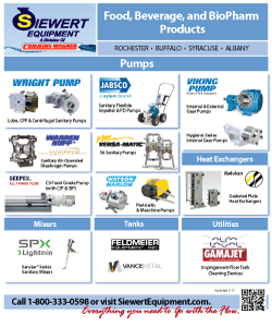 Siewert Equipment sanitary line card, NY food, beverage, and biopharm products pumps, mixers, tanks