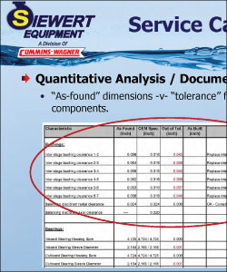 Example of repair report page with as-found dimensions versus tolerance for critical clearances 