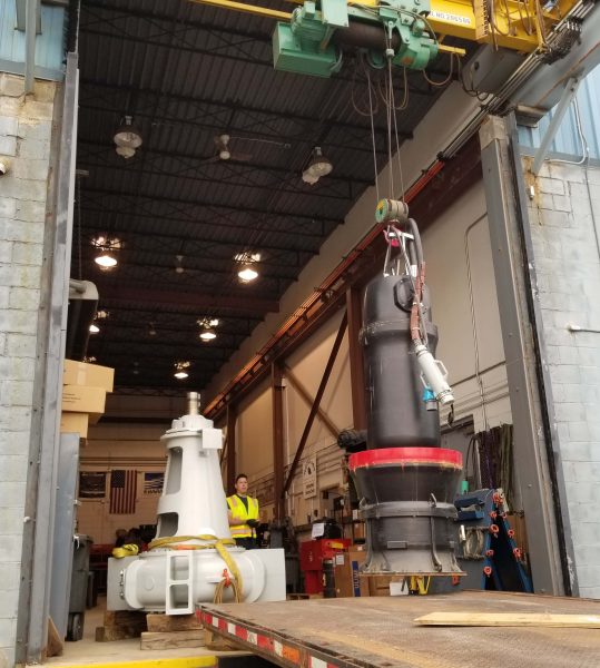 Large Grundfos submersible axial flow pumps arriving at our Troy Service Center for evaluation and repair