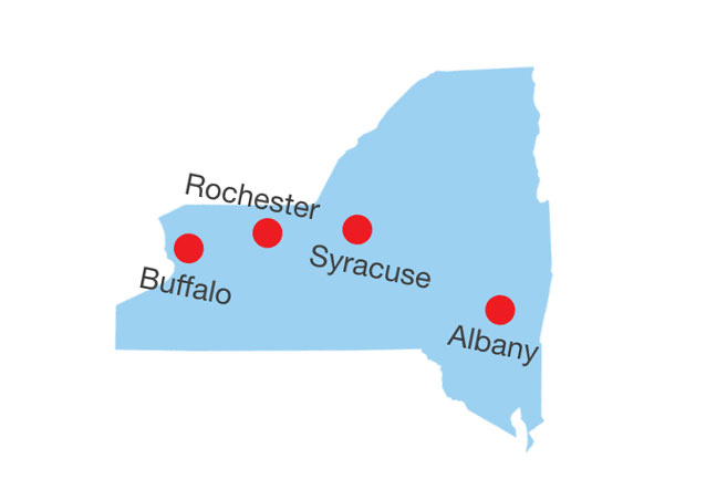 Siewert Equipment territory map, covering all Upstate New York, with offices in Rochester, Buffalo, Syracuse, and Albany.