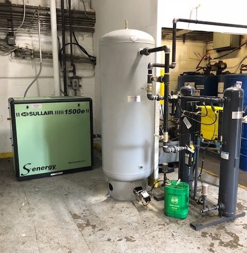 Old reciprocating compressor replaced with a Sullair,rotary screw, air receiver, and desiccant dryer in Virginia.