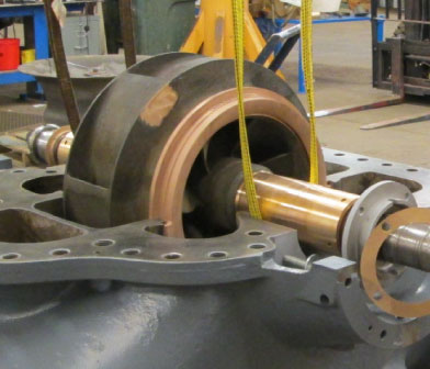 Worthington horizontal split-case centrifugal pump being repaired in Siewert shop