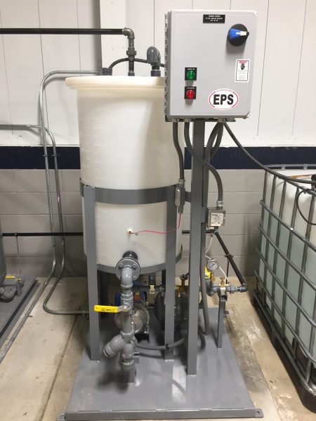 Glycol Make-Up unit installed in customer’s facility production area feeding pressurized glycol mixture to closed process.