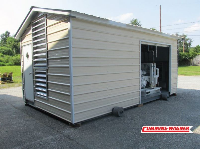 Exterior of a Compressed Air Package with weatherproof building mounted on a steel base.