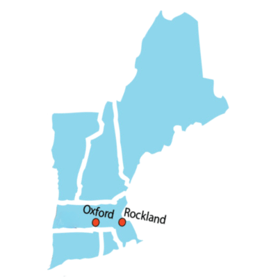 F.R. Mahony & Associates territory map, covering all of New England, with offices in Rockland and Oxford. 